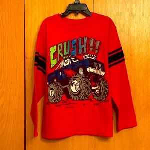 365 Garaninals boy’s size 8 monster truck CRUSH red black blue LS tee shirt EUC